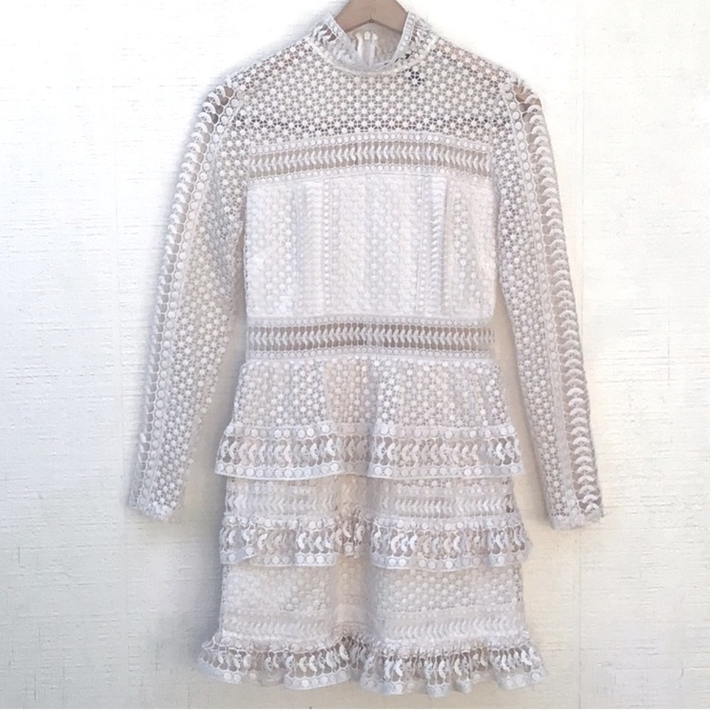 AQUA ivory crochet knit lace sheer long sleeve ruffle tier layered dress